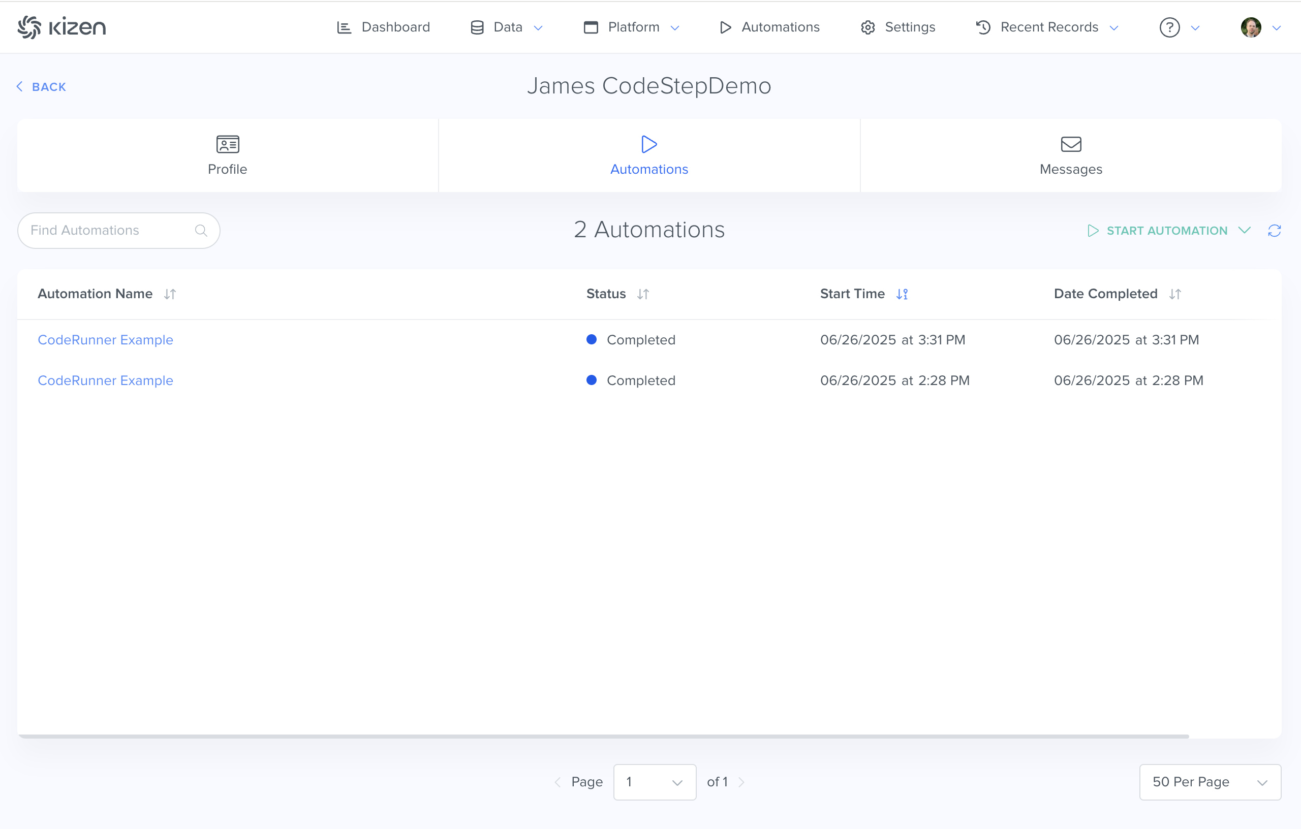 Screenshot of Automation History on an Entity Record